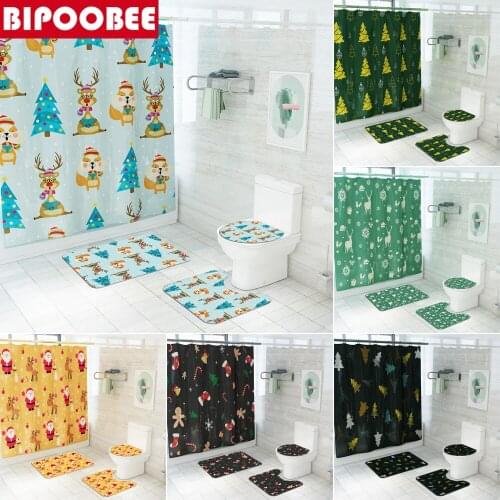 Santa Claus Elk Gift Toilet Cover Bath Mat Set Merry Christmas Shower Curtain Bathroom Curtains Festival Decor Anti-slip Carpet