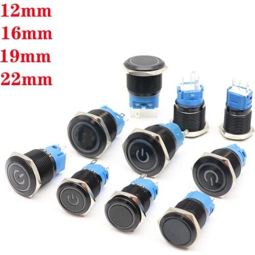Black Push Button Switch 12/16/19/22mm Waterproof illuminated Led Light Metal Flat Momentary Switches with power mark 5V 12V 24V