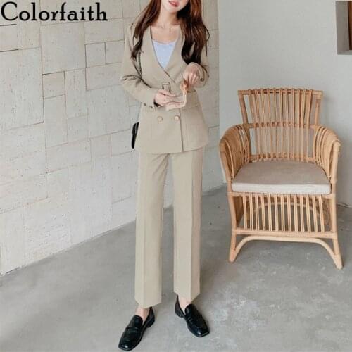 Colorfaith 2021 New Autumn Winter Womens Sets 2 Piece Matching Pants Casual Lace Up High Waist Office Lady Elegant Suit WS965