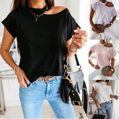 Simple Solid Color Hanging Neck Short Sleeve Splicing T-Shirt Top Womens Short Sleeve T-shirt