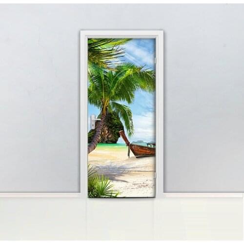 Hot Door Mural Seaside Ship Wall Door Sticker DIY Self-adhesive Waterproof Wallpaper Poste for Home Decoration Gift