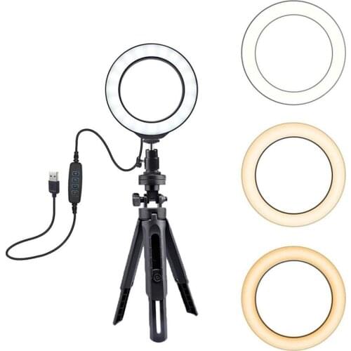 Selfie Ring Light With Tripod 6-Inch Dimmable LED Ring Lamp 360 Degree Rotatable Tripod For Makeup Video Live Studio
