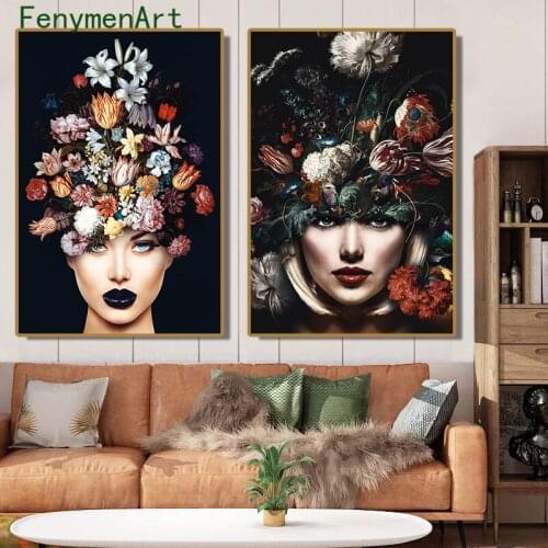 Fashion Beautiful Flower Woman Canvas Paintings Abstract Wall Art Picture Nordic Poster and Print for Living Room Home Decor