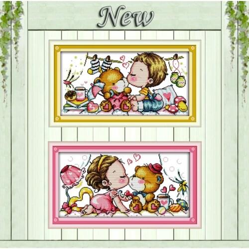 Kiss bear girl boy cartoon painting counted printed on canvas DMC 11CT 14CT chinese Cross Stitch kits embroidery needlework Sets