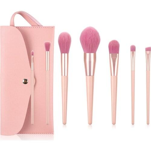 7pcs Make Up Brush Set With Bag Pink Handle Delicate Makeup Brushes Powder Foundation Contour and Eye Brushes