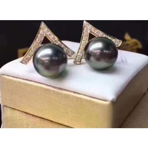 Set pair of south sea 10-11mm pearl black pearl earring 14k