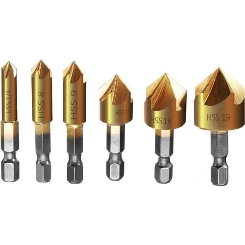 6pcs 6-19mm Countersink Drill Bit 5 Flutes Hex Shank Titanium Coated Chamfer Cutter Set