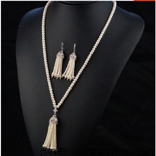 Gros natual AA 9 - 10 mm rond blanc perle d'eau douce avec tassel et boucles d'oreilles collier et boucles d'oreilles