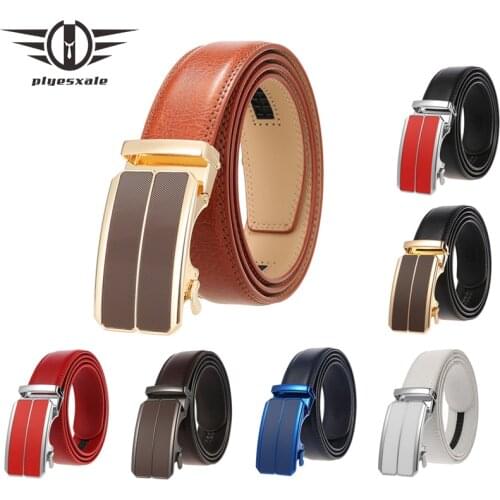 Plyesxale Red Brown Belts For Men Luxury Designer Brand High Quality Mens Leather Belts Casual Formal Automatic Buckle Belt B604
