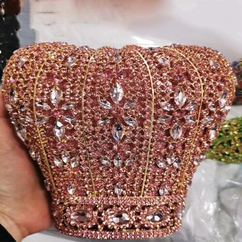 Luxury Gold Metal Crown Shape Pink Crystal Evening Clutches Rhinestone Diamond Ladies Wedding Bridal Shoulder Handbags Purses