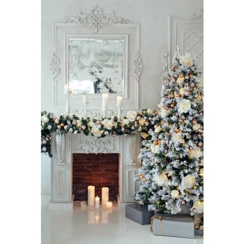 Christmas Decor Winter Tree Fireplace Gifts Wooden Floor Photophone Backdrop New Year Festival Photograpy Background