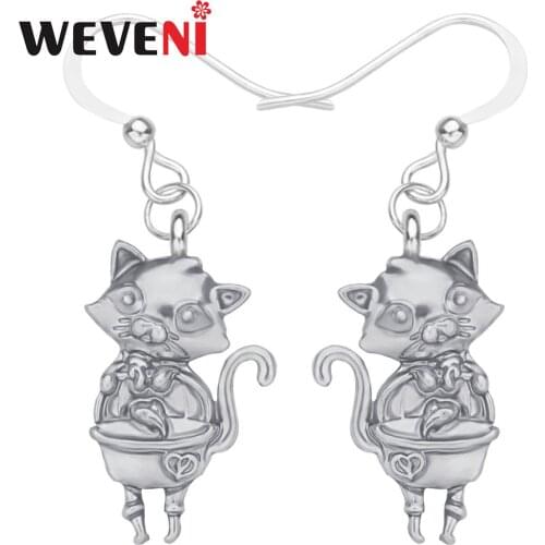 WEVENI Alloy Metal Antique Gold Plated Cat Earrings Anime Cute Animal Dangle Drop Jewelry For Girls Kids Fashion Gift Jewellery