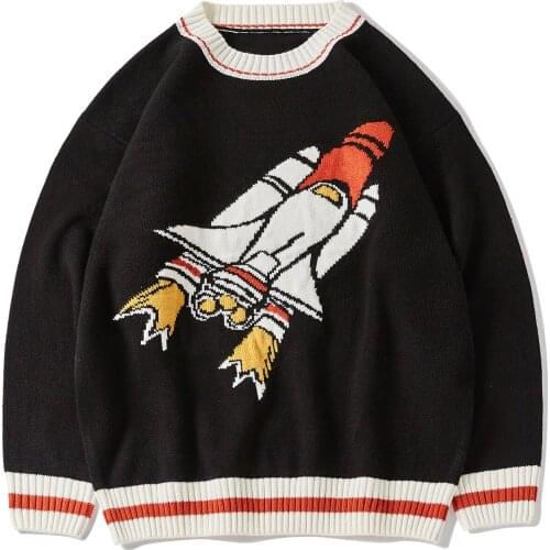 2021 Hip Hop Rocket Print Knitted Sweater Men Women Streetwear Cotton Pulover Harajuku Gothic Sweater Oversize Loose Unsiex Blac