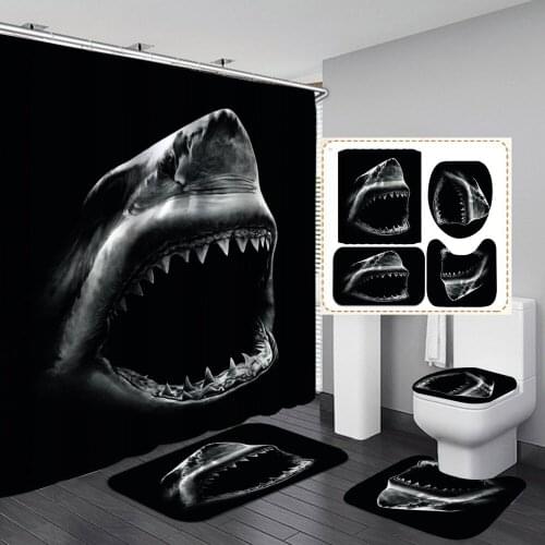 Shark Sea Animal 3D Waterproof Shower Curtain 4pcs Toilet Lid Cover Anti-slip Soft Rug Bath Mat Bathroom Home Textile Decoration