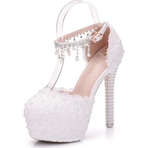 Plus size waterproof platform high heel sandal shoes beaded tassel lace wedding shoes bridesmaid auto show stage banquet shoes