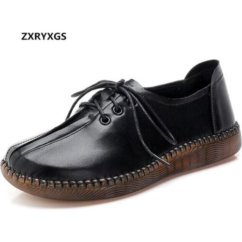 New Spring Autumn Lace-up Hand-stitched Shoes Women Shoes Casual Sneakers Non-slip Soft Comfort Genuine Leather Shoes Flat Shoes