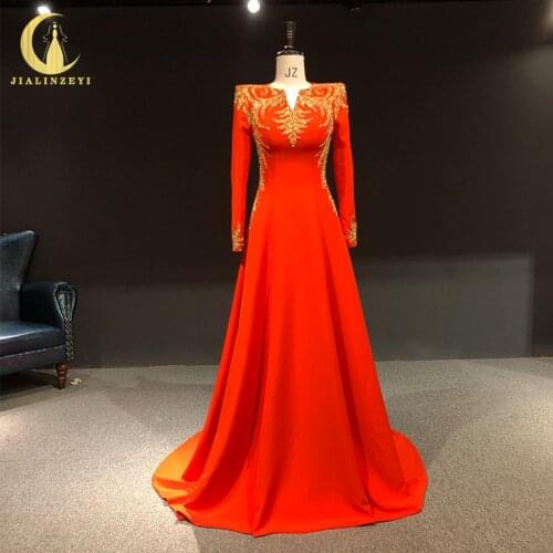 Rhine real Pictures Red Long Sleeves Satin With Gold Beads A-line Fashionvestidos de noche платье на выпускной evening dresses