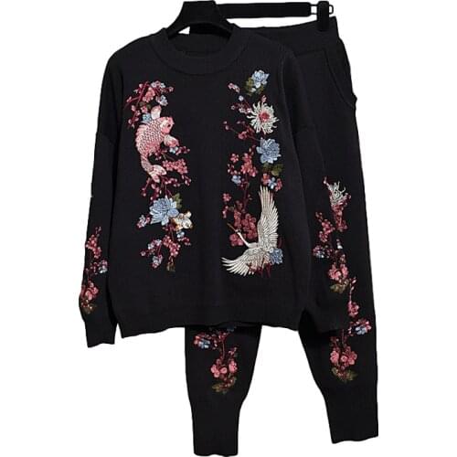 Autumn Plus Size Women Set Fashion Embroidery Long sleeve Loose Sweater Top + Pants Knitted Tracksuit Casual 2 piece set H710