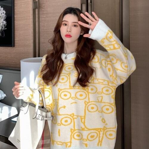 2021 autumn and winter fashion new Korean cartoon sweater Korean loose womens long-sleeved round neck pullover knit top