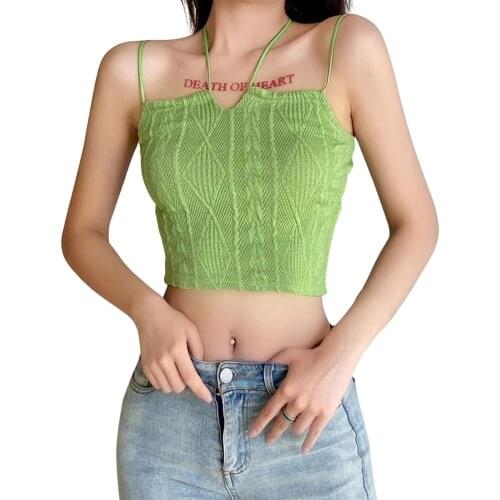 Women Halter Crop Cami Tops, Sexy Sleeveless Green Short Top Summer Cable Knit Camisole