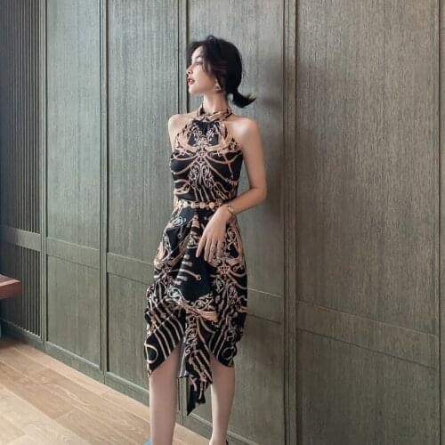 2021 Women Printed Halter Strap Dress Split Skirt Backless Suit Evening Prom Dress with Chain Belt