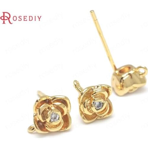 36907)6PCS 6.5x6.5MM 24K Gold Color Brass and Zircon with 925 Sterling Silver Pins Rose Flower Stud Earrings Diy Accessories