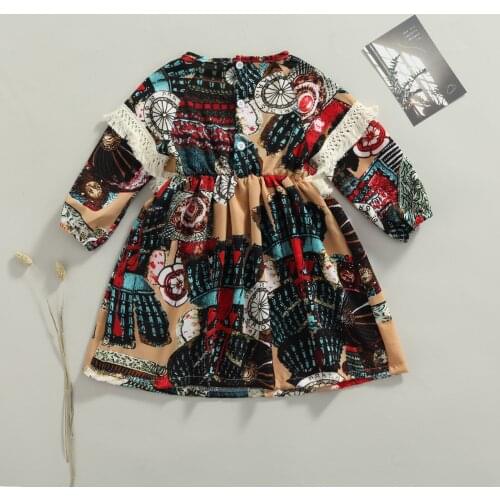 Infant Kids Baby Girls Long Sleeve Dress Tassel Decoration, Ethnic Style Printing Round Neck Spring Clothing 2021 New Fashion