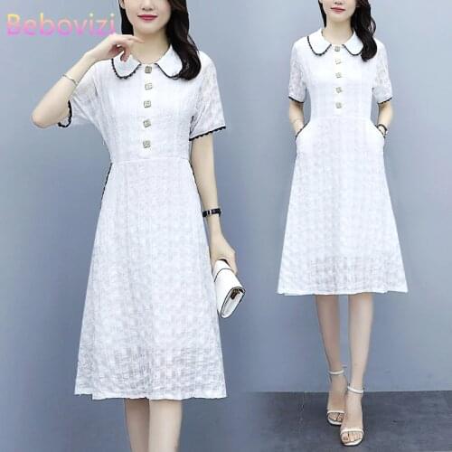 2021 Plus Size XXL 3XL 4XL 5XL White Elegance Lace Midi Dress for Women Short Sleeve Summer Casual Office Lady Dresses Clothes
