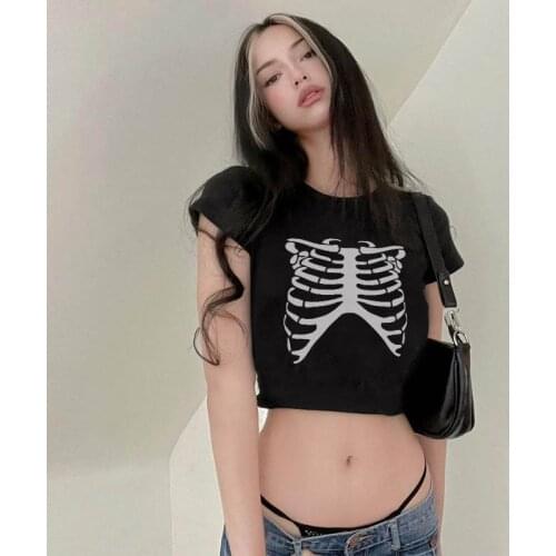 Hip Hop T Shirt 90s vintage short sleeve t-shirt women goth y2k aesthetic crop top summer slim punk streetwear print skull bone