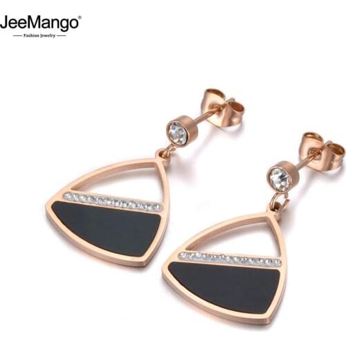 JeeMango Bohemia Stainless Steel Geometric Party Earrings Jewelry Trendy CZ Crystal White Shell Stud Earrings For Women JE19258