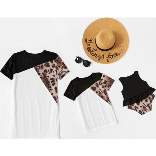 PatPat New Summer Black and White Leopard Splice Print Dresses for Mommy and Me(Ruffle Baby Rompers)