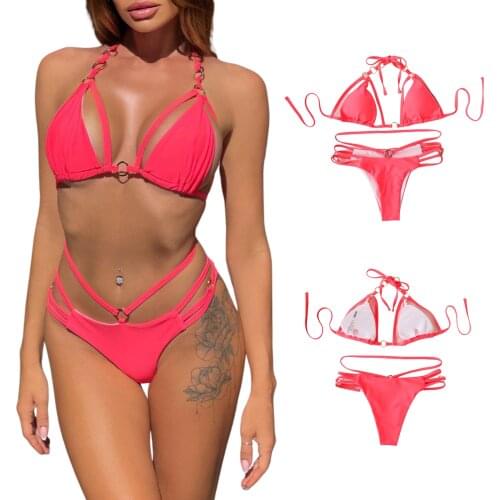 Drawstring Lace Up Two Piece Swimwear Women Summer Bikini Set Beach Swimsuit Solid Color Elastic Back Neck Bikini Bra Pantie Set