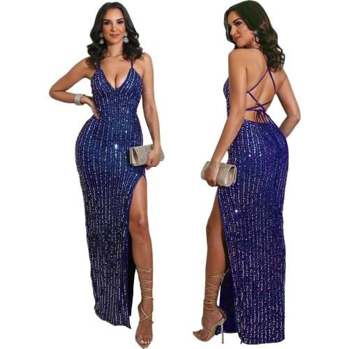 Summer Fashion Womens Pure Color Sexy Halter Strap Split Sequin Nightclub Party Dress