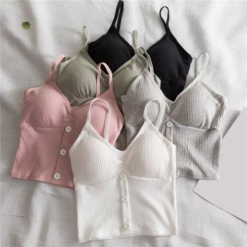 Women Camisole Fashion Wild Solid Color Sling Tank Top Summer New Button V-neck Cotton Vest With Removable Chest Pad