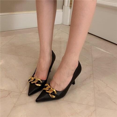 Fashion Women Pumps Office Pumps Metal Chain Shallow Slip On Thin High Heels Black/Khaki Metal Chain Office Shoes Woman Size 39