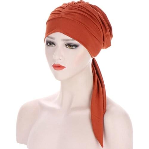 Muslim Fashion Long Tail Bow Turban Caps Women Stretch Inner Hijab Islamic Hairband Headscarf Bonnet African Head Wrap Cap