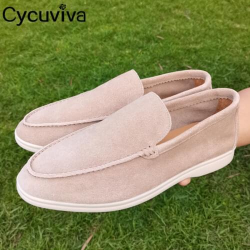 Hot Sale Nude Suede Flat Shoes Men Slip On Loafers Male Round Toe Mules Summer Walk Casual Shoes Men
