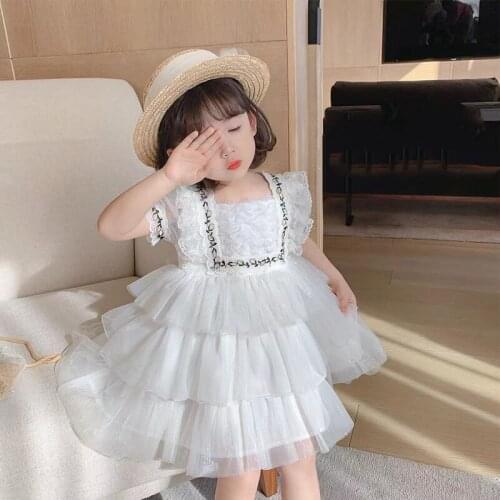0-10Y Summer Lolita Princess White Lace Voile Shortsleeve Dress For Cute Baby Girls Layered Dress Birthday Party Easter Wendding