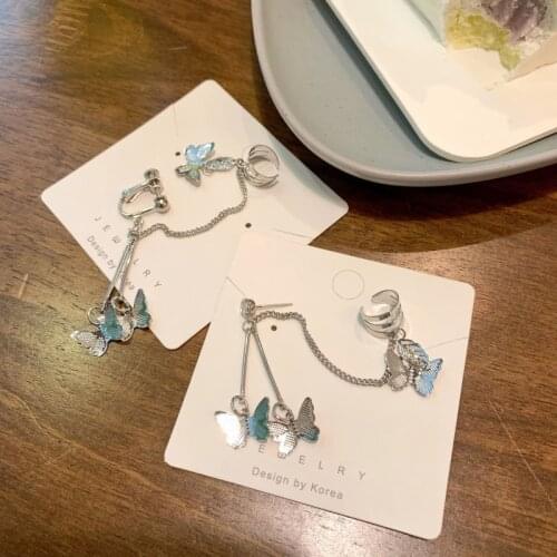 Luxury Silver Color Butterfly Drop Earrings Rhinestone Ear Cuff Clip On Earrings Fake Piercing Earcuff Women Clips Jewelry