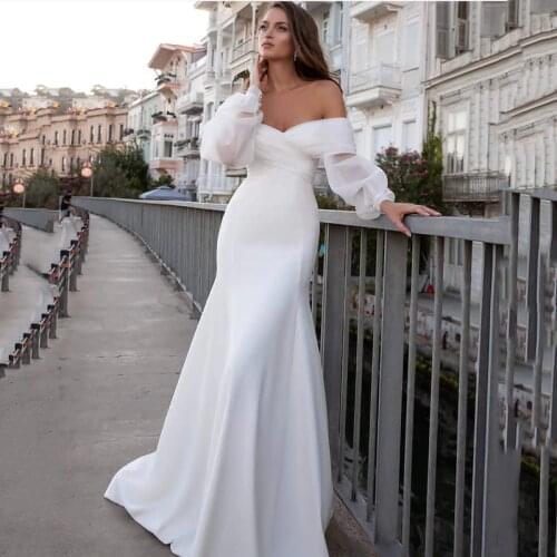 Sexy Satin Mermaid Wedding Dresses Long Fuff Sleeve Sexy Lace Beach Bride Dresses Off The Shoulder Boho Bridal Gowns