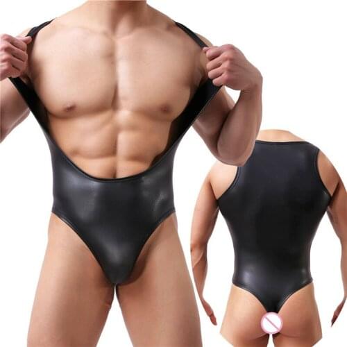 Sexy Mens Bodysuits PU Leather Jumpsuits Leotard Bugle Pouch Wrestling Singlet Stage Latex Clubwear T-back Underwear One-piece