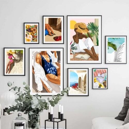 Tropical Black Woman Travel Sunshine Leaf Wall Art Canvas Painting Nordic Posters And Prints Wall Pictures For Living Room Decor