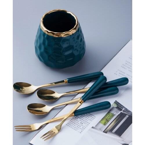 Fruit Fork Spoon With Ceramic Storage Jar Dinnerware Set Blue Gold Pot Fruit Fork Spoon Storage Jar Fruit Fork Household