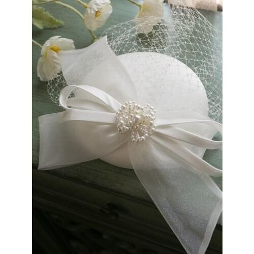 French White Pearl Bow Mesh Headwear Elegant Ladies Cocktail Derby Church Party Bride Mini Wedding Fascinator Hat Hair Clips New