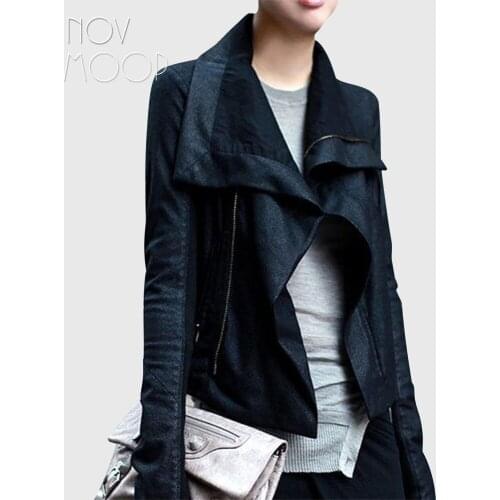 Black genuine leather coat women sheepskin matt leather motorcycle jacket oversized lapels veste en cuir femme LT791