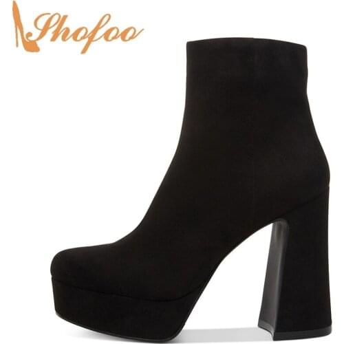 Black Platform Ankle Boots High Chunky Heels Round Toe Flock Booties Zipper Woman Large Size 14 15 Ladies Fashion Shoes Shofoo