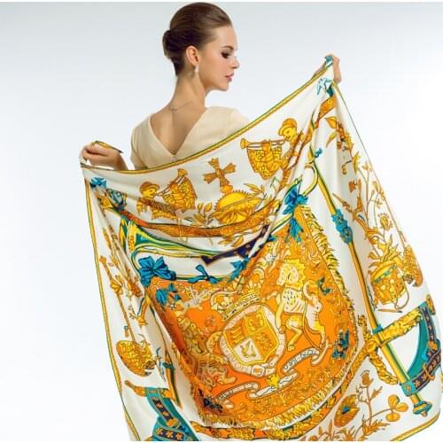 New Twill Silk Women Scarf 130*130 cm Euro Floral Musical Instrument Print Square Scarves High Quality Gift Fashion Silk Shawls