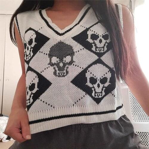 8 Color Women Gothic Skull Print Knitted Vest Skeleton Argyle Printed V-Neck Sleeveless Sweater Vest Tops Spring Autumn Jumpers