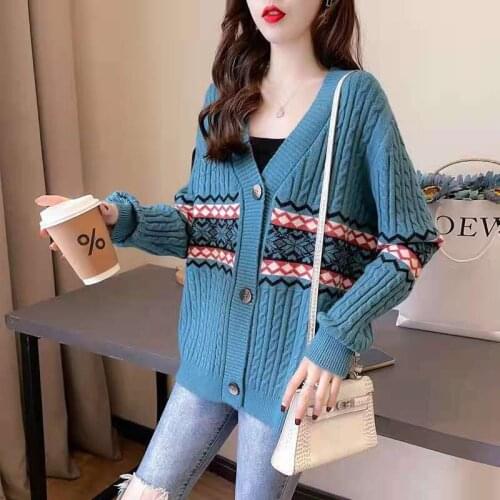 2021 Women Knitted Cardigans Sweater Fashion Autumn Long Sleeve Loose Coat Casual Button Thick V Neck Solid Female Tops Coats