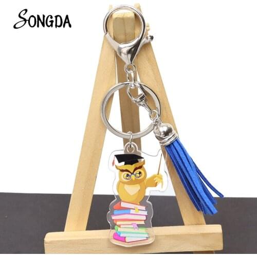 Lovely Owl Tassel Acrylic Pendant Keychain Holder Cute Animal Pattern Key Chains Key Ring Double Sided Jewelry Accessories Gifts